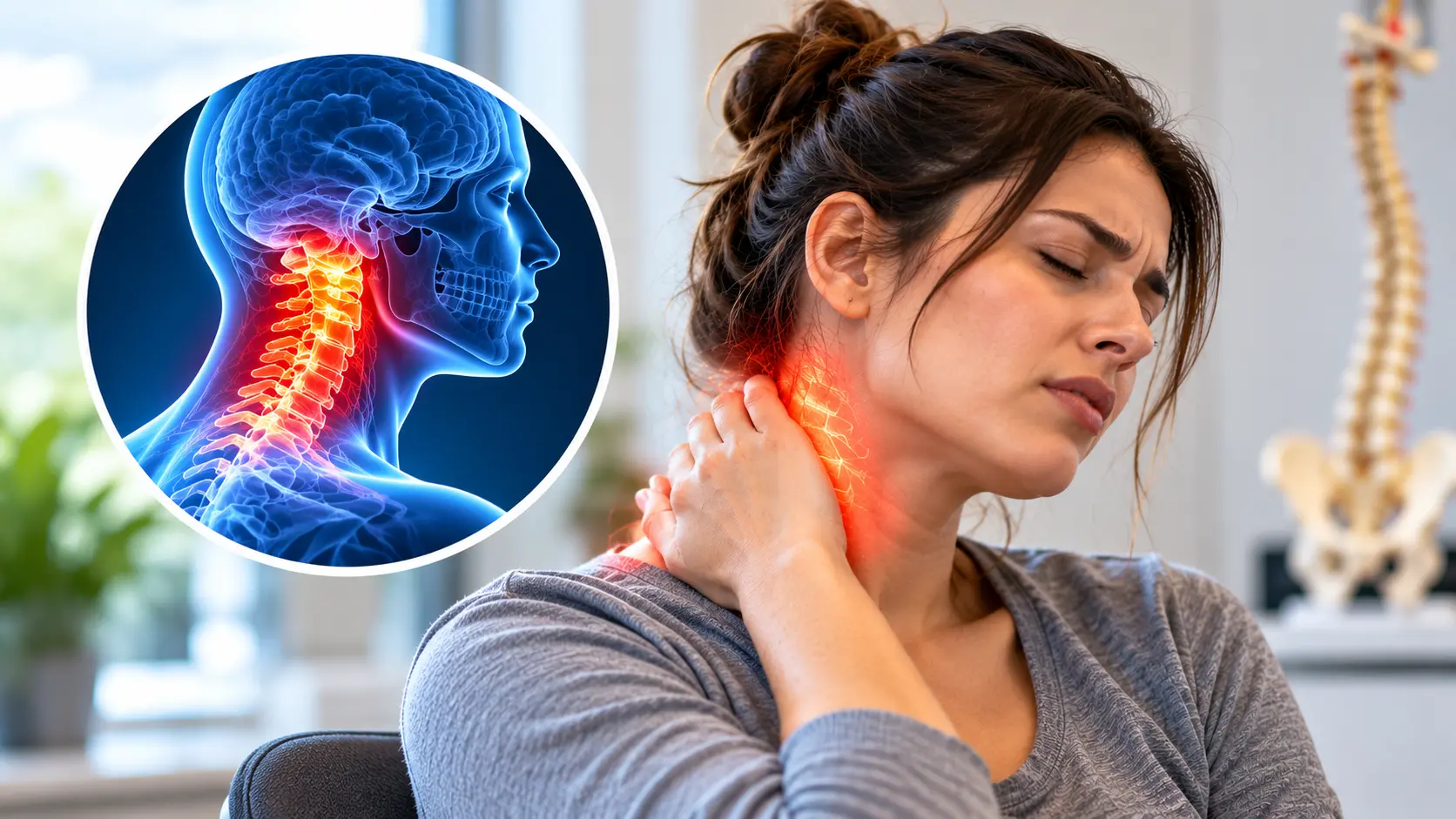 Woman holding her neck due to cervicogenic headache, with a medical illustration highlighting the cervical spine and nerves.