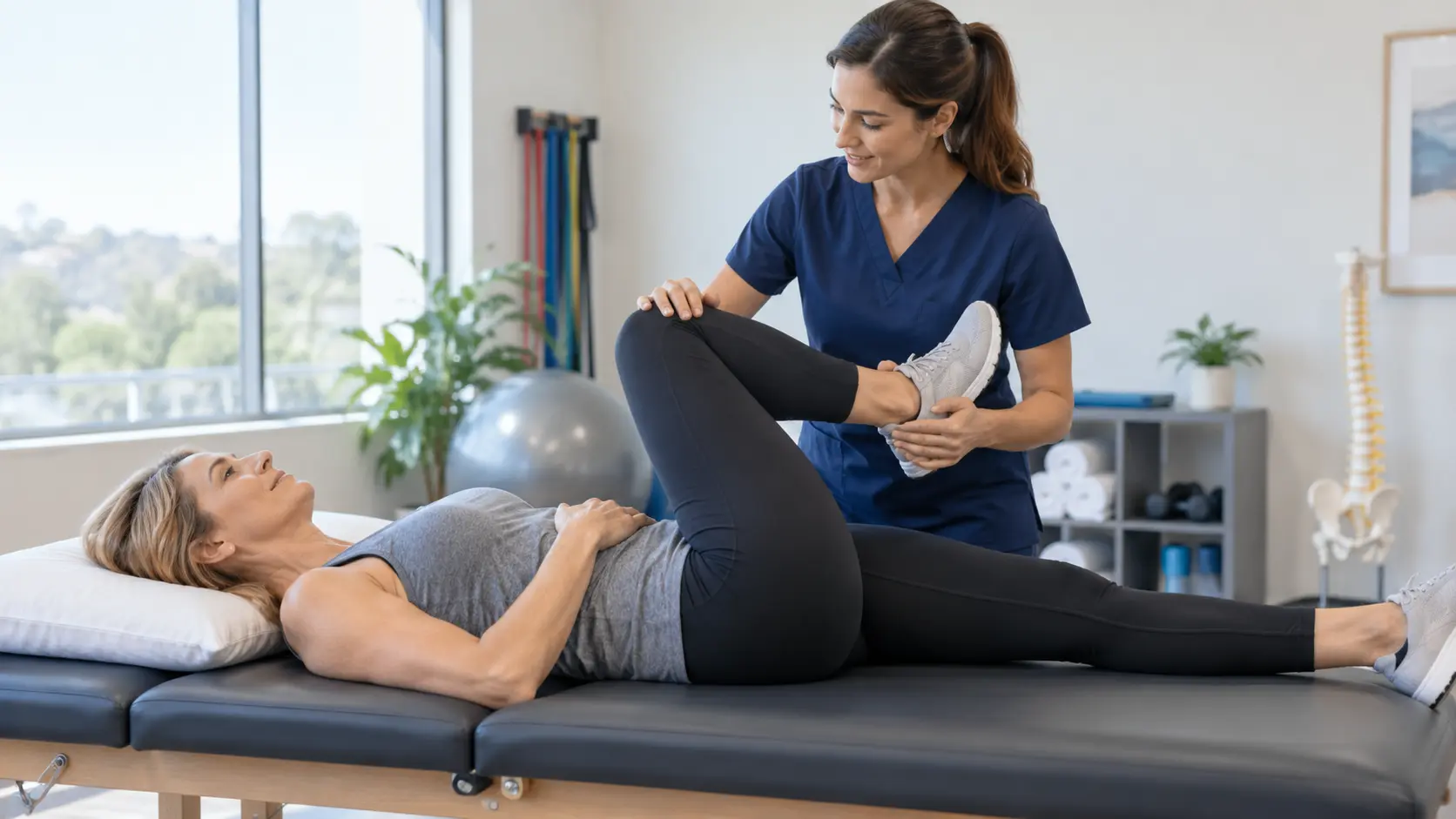 Treatment for sciatica physical therapy with guided leg stretching and rehabilitation exercises